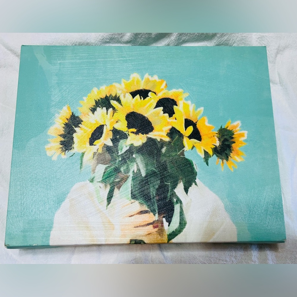 Canvas sunflower picture; can be hung or sit on shelf.  New.
